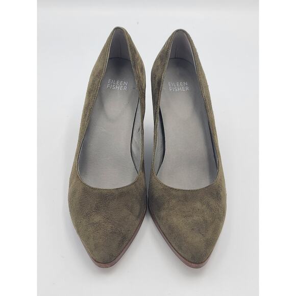 Eileen Fisher Hawk Suede Almond Toe Block Heel Pumps Size 7 Olive Green GUC 3" - Picture 2 of 7